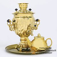 Самовар электрический "Жёлудь" с подносом и чайником, 4 литра, латунный 
